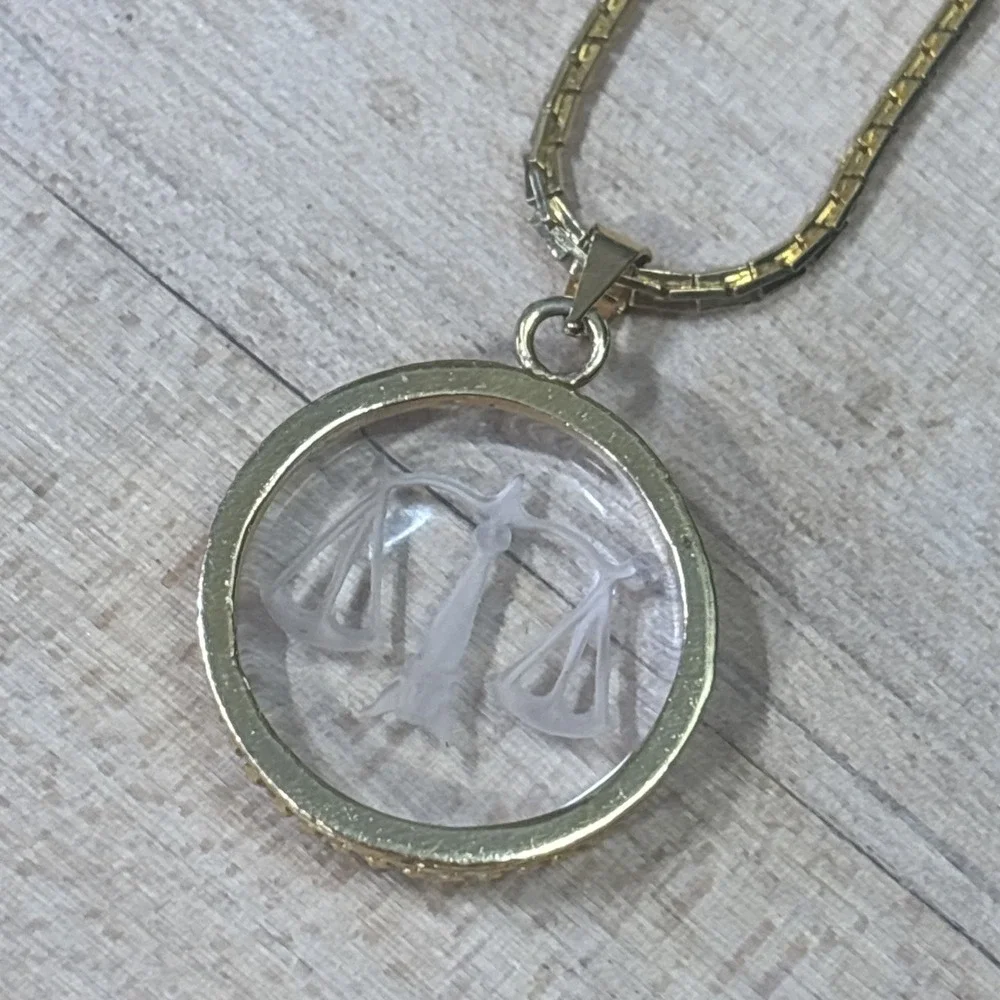 Vintage Libra Zodiac Scales Pendant Necklace gold tone